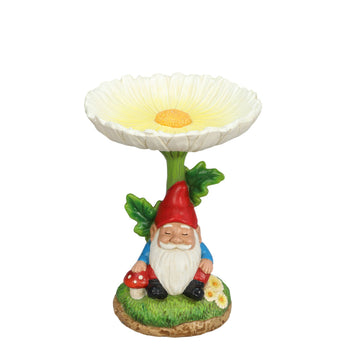 The Growing Ground Daisy Gnome Bird Feeder Garden Statue, Outdoor Garden Decor with Flower Bowl for Bird Seed or Water, White
