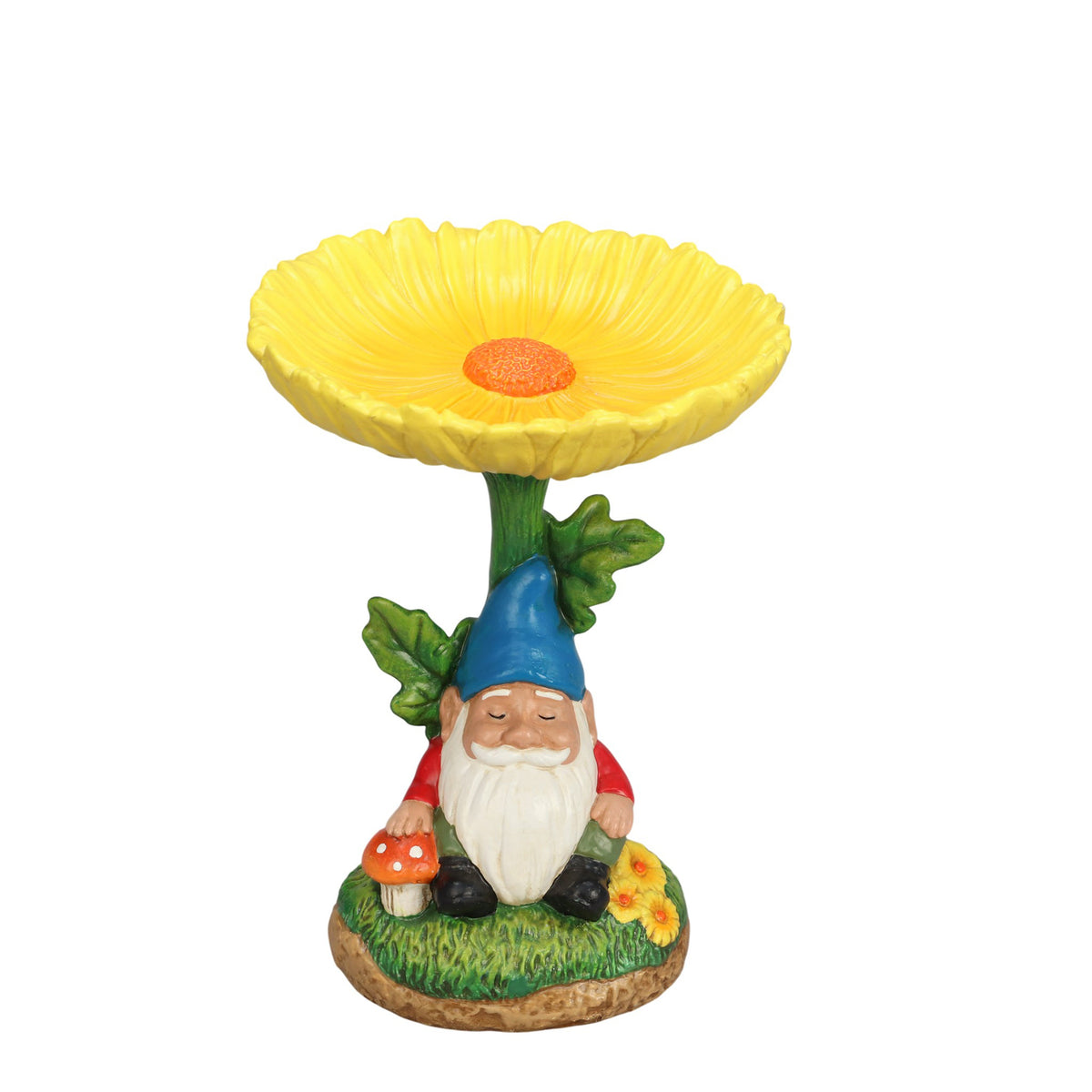 The Growing Ground Daisy Gnome Bird Feeder Garden Statue, Outdoor Garden Decor with Flower Bowl for Bird Seed or Water, White