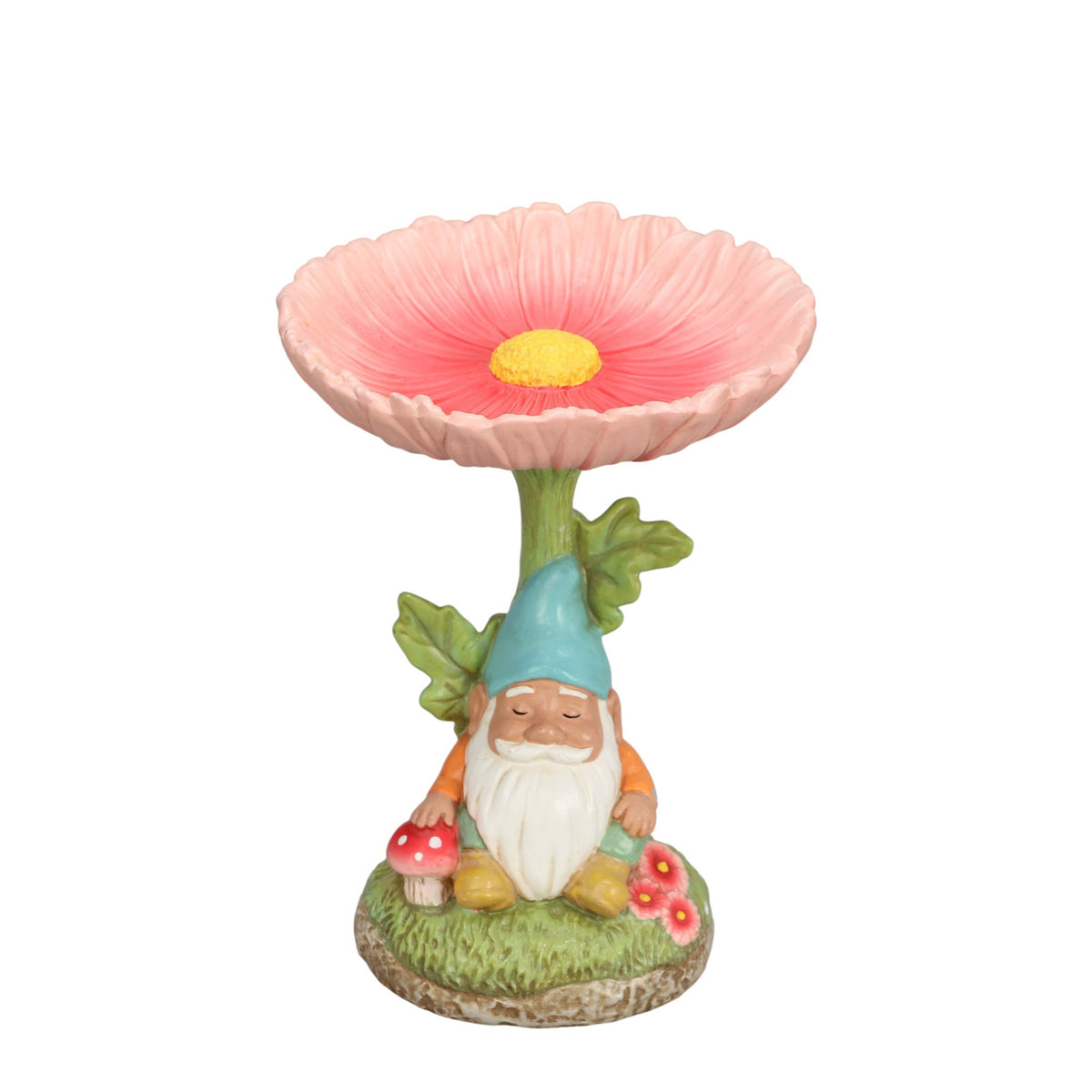 The Growing Ground Daisy Gnome Bird Feeder Garden Statue, Outdoor Garden Decor with Flower Bowl for Bird Seed or Water, White