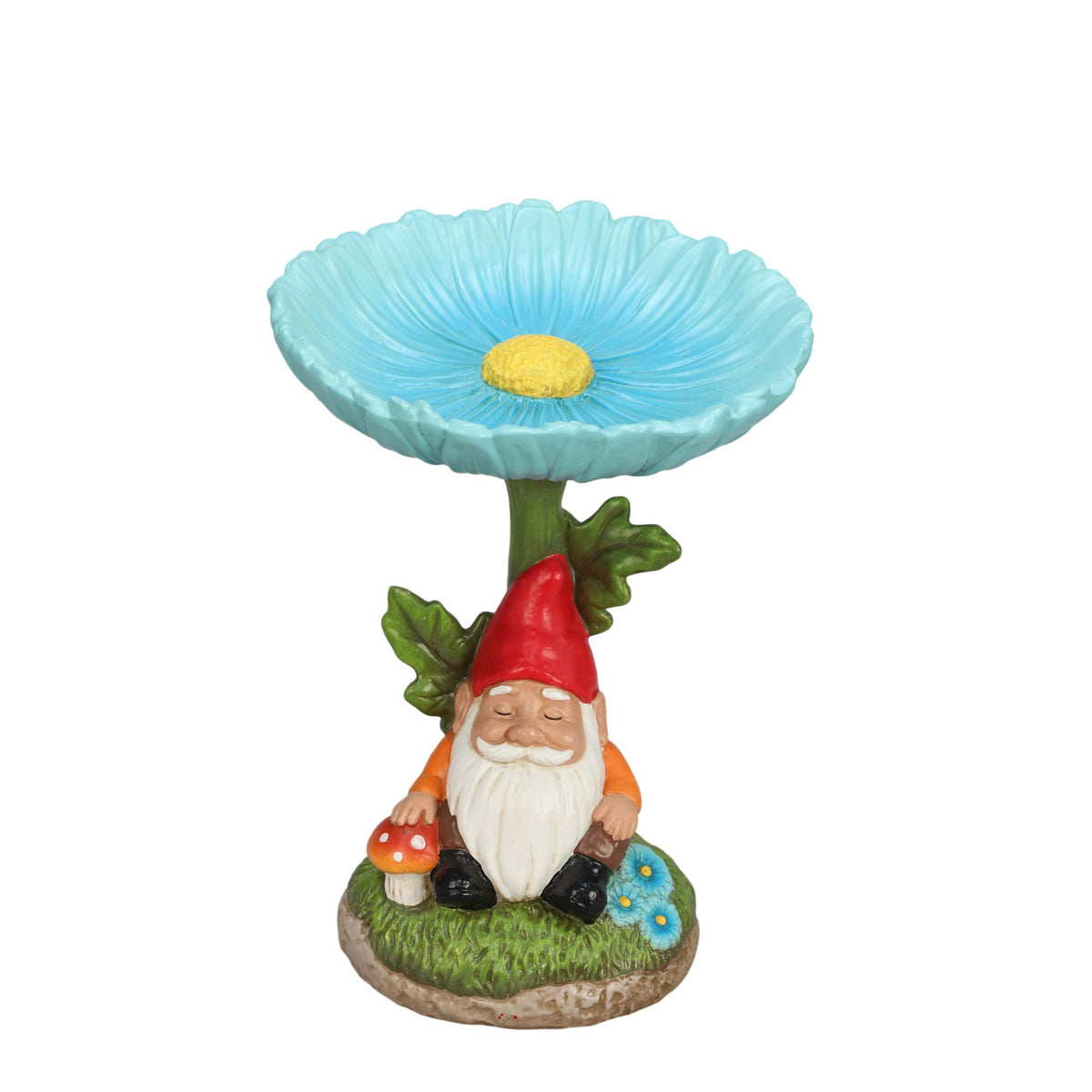 The Growing Ground Daisy Gnome Bird Feeder Garden Statue, Outdoor Garden Decor with Flower Bowl for Bird Seed or Water, White