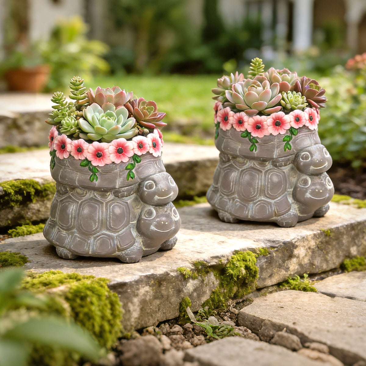 The Growing Ground 2 Pack Turtle Planter with Drainage Hole, Indoor Outdoor Cute Decorative Plant Pots, Desk, Garden, Gift for Plant Lovers,Brown