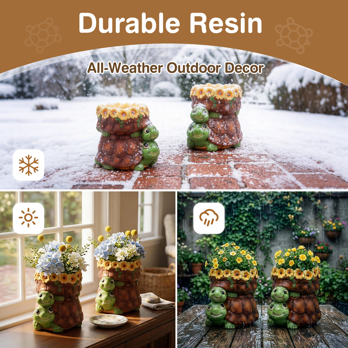 The Growing Ground 2 Pack Turtle Planter with Drainage Hole, Indoor Outdoor Cute Decorative Plant Pots, Desk, Garden, Gift for Plant Lovers,Brown