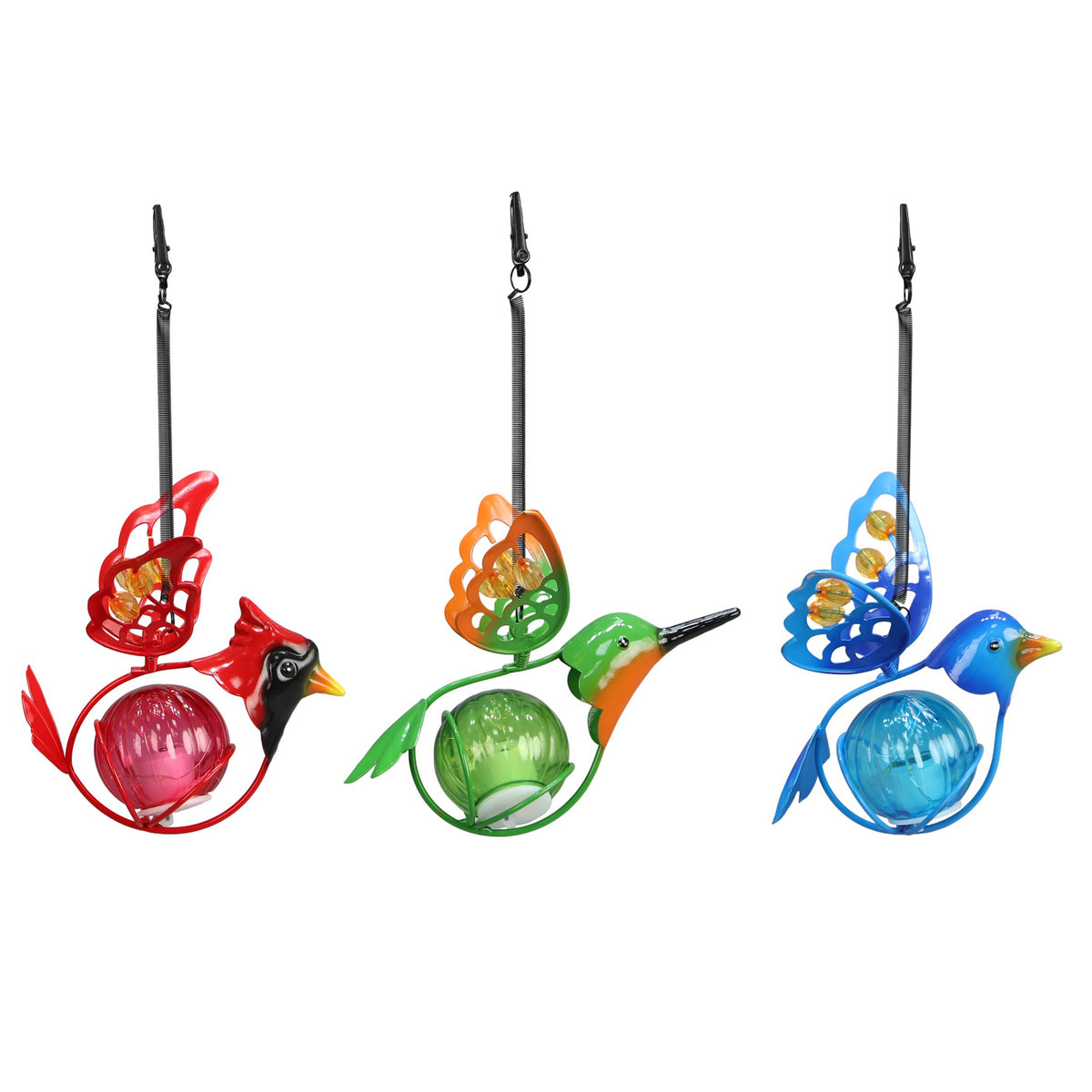 The Growing Ground 3 Pack Solar Hanging Birds Garden Decor, Hummingbird, Blue Jay & Cardinal LED Outdoor Waterproof Lights