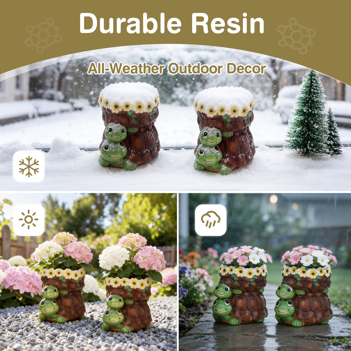 The Growing Ground 2 Pack Turtle Planter with Drainage Hole, Indoor Outdoor Cute Decorative Plant Pots, Desk, Garden, Gift for Plant Lovers,Brown