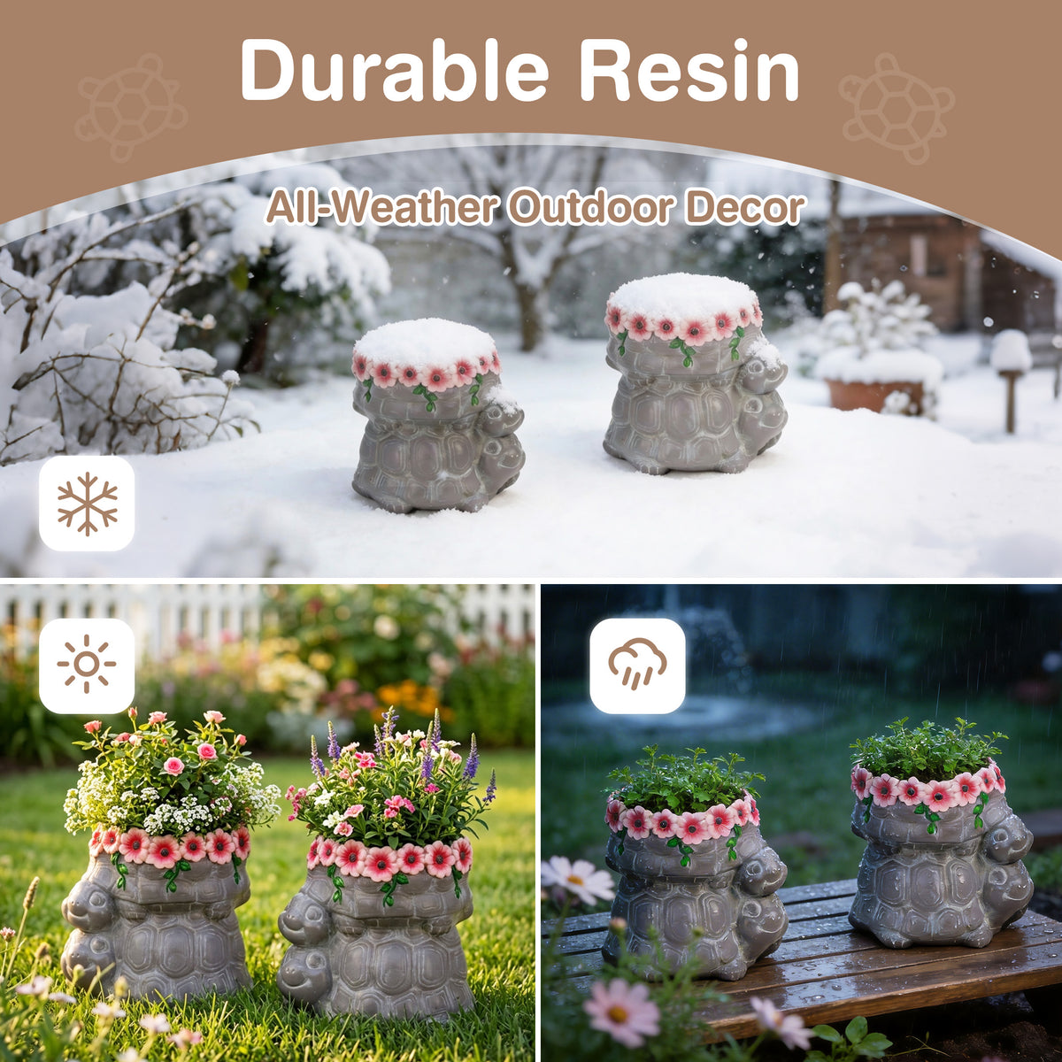 The Growing Ground 2 Pack Turtle Planter with Drainage Hole, Indoor Outdoor Cute Decorative Plant Pots, Desk, Garden, Gift for Plant Lovers,Brown