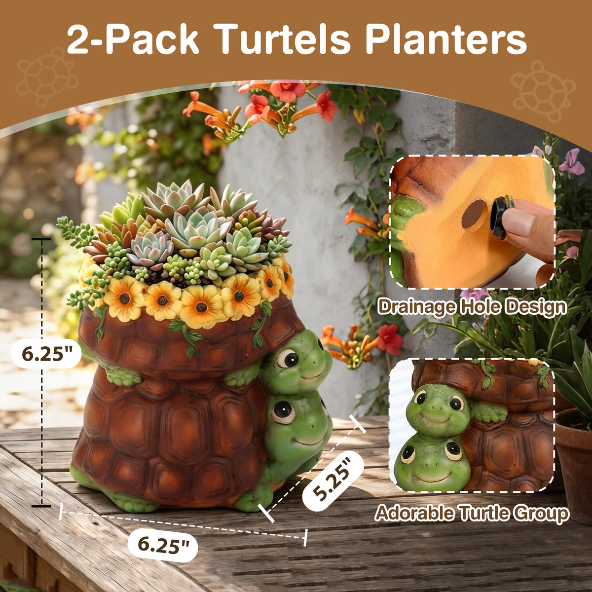 The Growing Ground 2 Pack Turtle Planter with Drainage Hole, Indoor Outdoor Cute Decorative Plant Pots, Desk, Garden, Gift for Plant Lovers,Brown