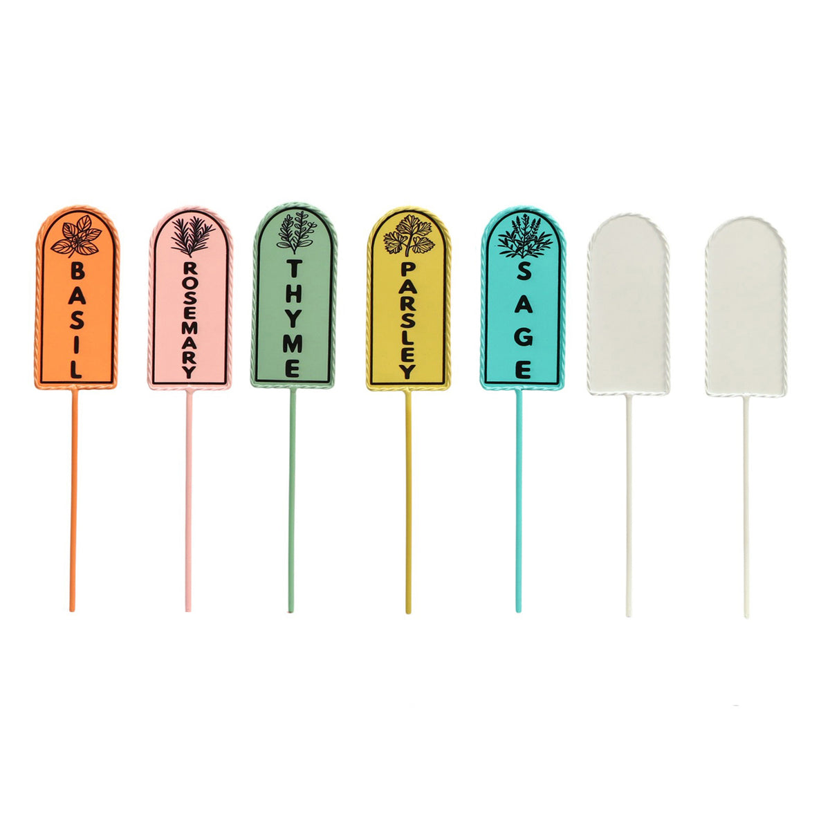 The Growing Ground 7 Pack Colorful Herb Garden Stakes, Metal Plant Markers with Sage, Thyme, Rosemary, Parsley, Basil Plus 2 Blank White DIY Stakes
