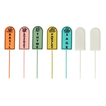 The Growing Ground 7 Pack Colorful Herb Garden Stakes, Metal Plant Markers with Sage, Thyme, Rosemary, Parsley, Basil Plus 2 Blank White DIY Stakes