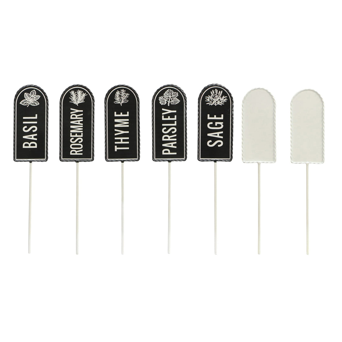 The Growing Ground 7 Pack Colorful Herb Garden Stakes, Metal Plant Markers with Sage, Thyme, Rosemary, Parsley, Basil Plus 2 Blank White DIY Stakes