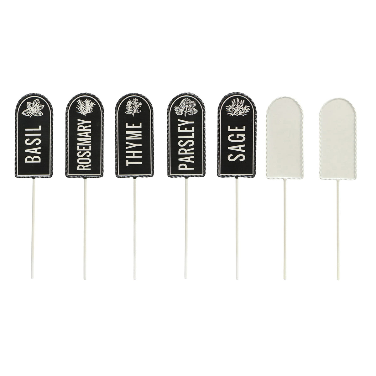 The Growing Ground 7 Pack Colorful Herb Garden Stakes, Metal Plant Markers with Sage, Thyme, Rosemary, Parsley, Basil Plus 2 Blank White DIY Stakes