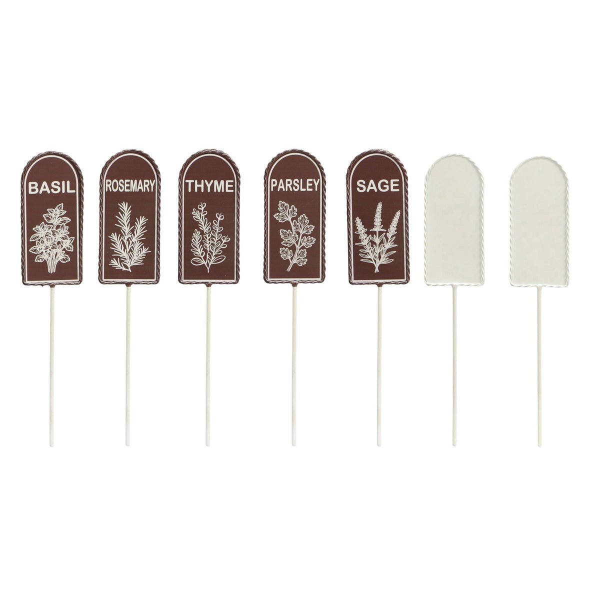 The Growing Ground 7 Pack Colorful Herb Garden Stakes, Metal Plant Markers with Sage, Thyme, Rosemary, Parsley, Basil Plus 2 Blank White DIY Stakes