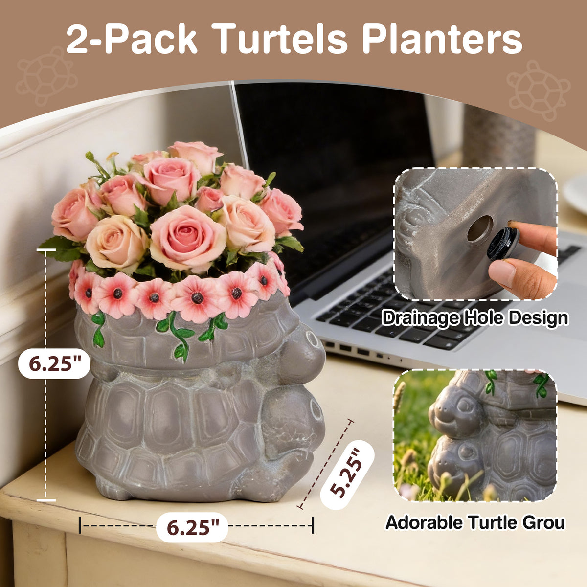 The Growing Ground 2 Pack Turtle Planter with Drainage Hole, Indoor Outdoor Cute Decorative Plant Pots, Desk, Garden, Gift for Plant Lovers,Brown
