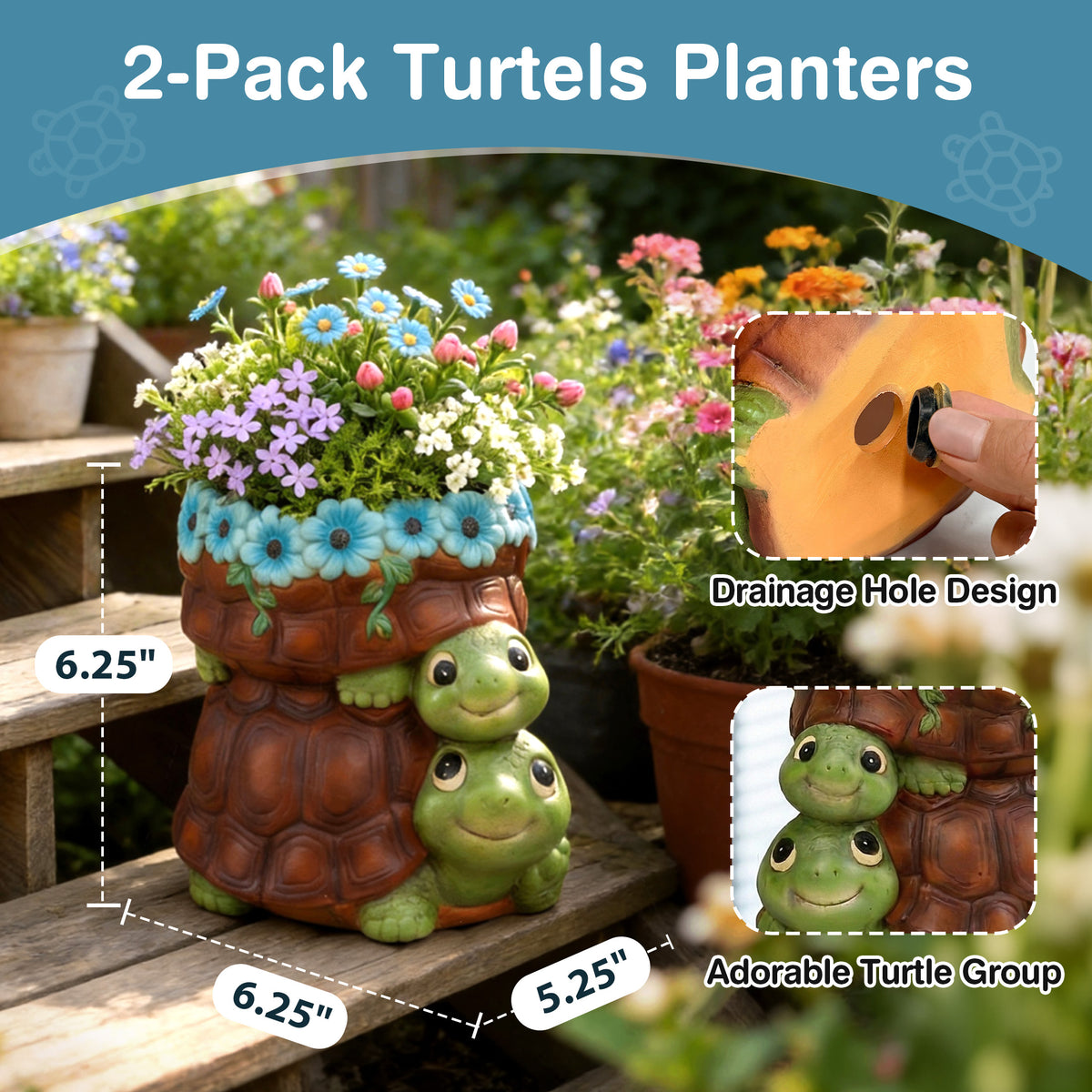 The Growing Ground 2 Pack Turtle Planter with Drainage Hole, Indoor Outdoor Cute Decorative Plant Pots, Desk, Garden, Gift for Plant Lovers,Brown