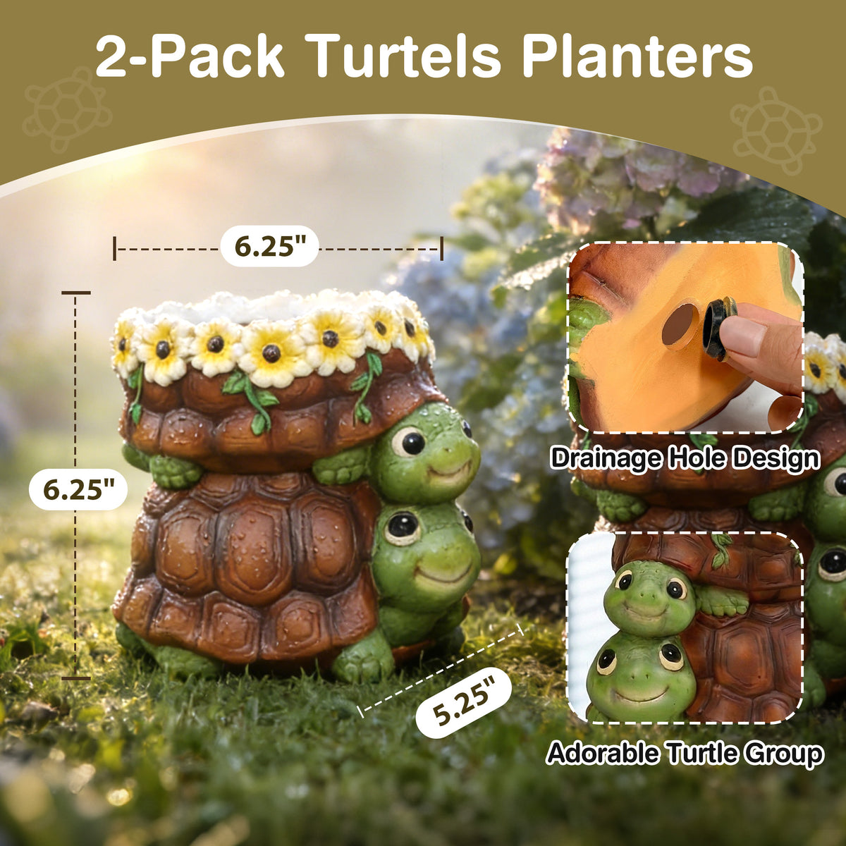 The Growing Ground 2 Pack Turtle Planter with Drainage Hole, Indoor Outdoor Cute Decorative Plant Pots, Desk, Garden, Gift for Plant Lovers,Brown