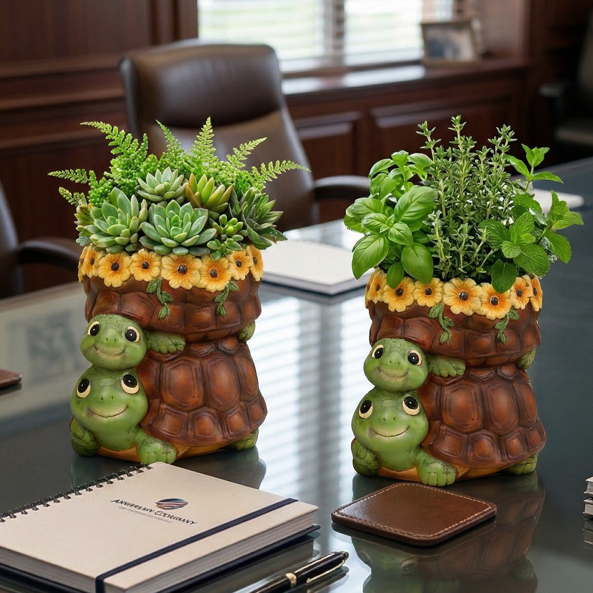 The Growing Ground 2 Pack Turtle Planter with Drainage Hole, Indoor Outdoor Cute Decorative Plant Pots, Desk, Garden, Gift for Plant Lovers,Brown