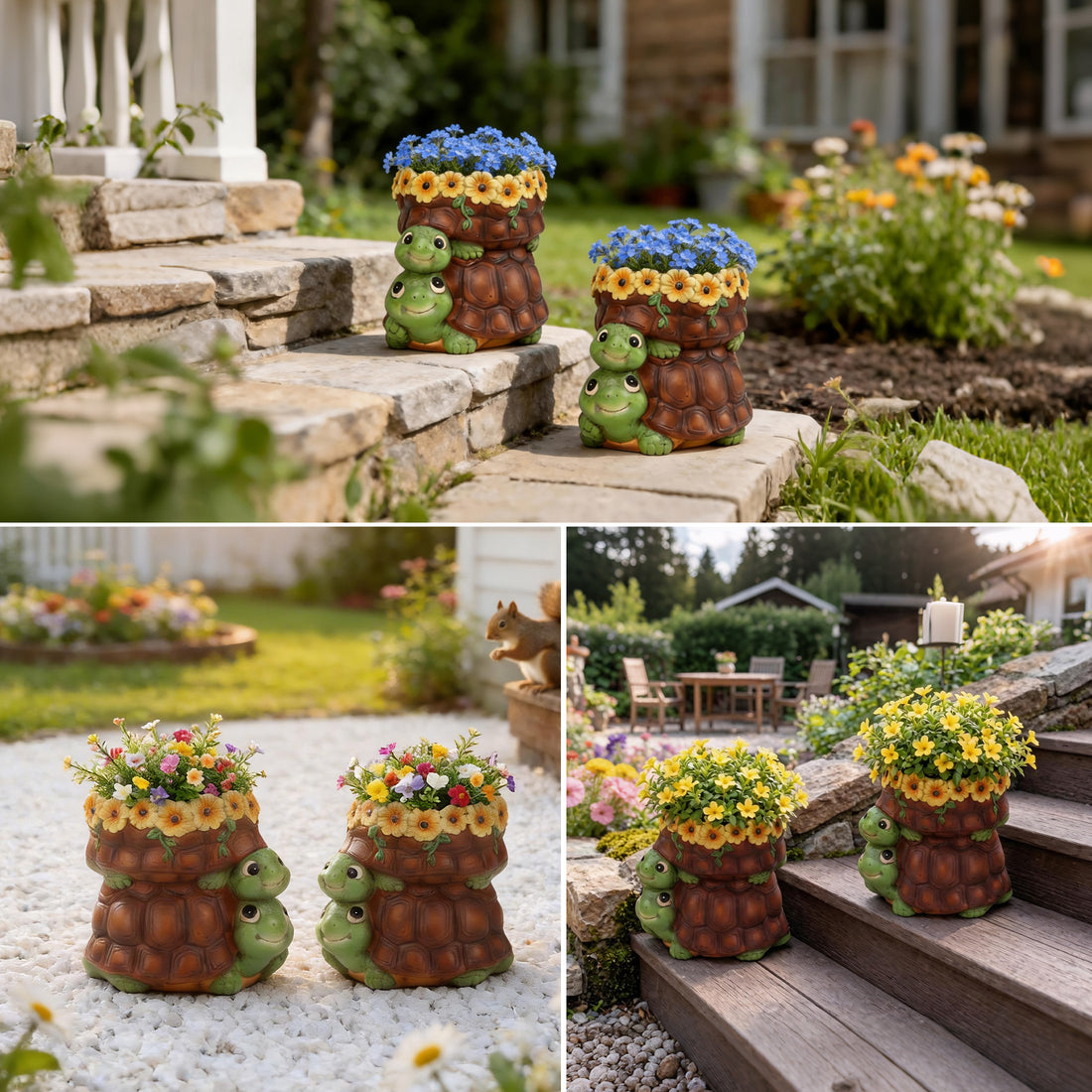 The Growing Ground 2 Pack Turtle Planter with Drainage Hole, Indoor Outdoor Cute Decorative Plant Pots, Desk, Garden, Gift for Plant Lovers,Brown