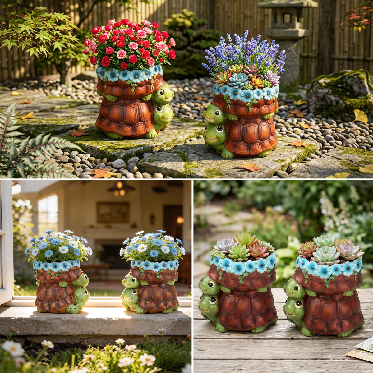 The Growing Ground 2 Pack Turtle Planter with Drainage Hole, Indoor Outdoor Cute Decorative Plant Pots, Desk, Garden, Gift for Plant Lovers,Brown