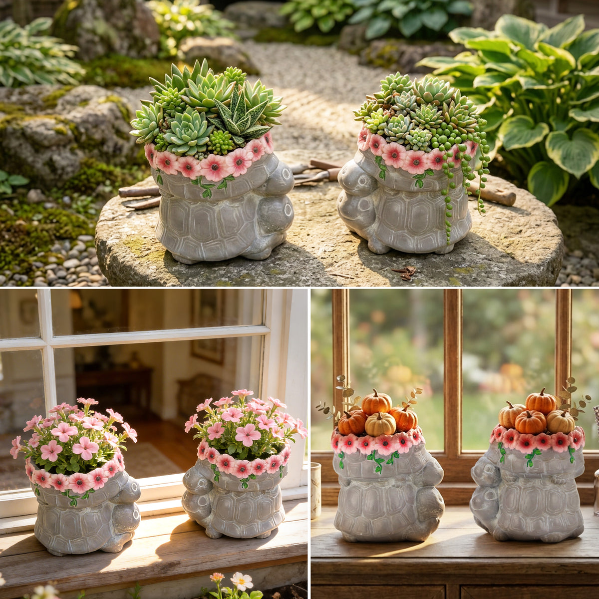 The Growing Ground 2 Pack Turtle Planter with Drainage Hole, Indoor Outdoor Cute Decorative Plant Pots, Desk, Garden, Gift for Plant Lovers,Brown