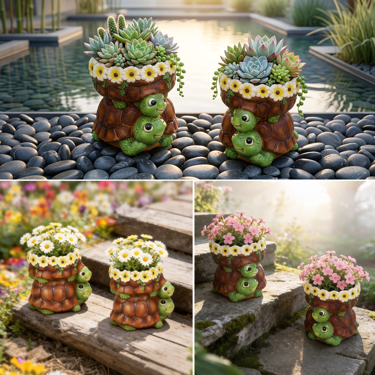 The Growing Ground 2 Pack Turtle Planter with Drainage Hole, Indoor Outdoor Cute Decorative Plant Pots, Desk, Garden, Gift for Plant Lovers,Brown