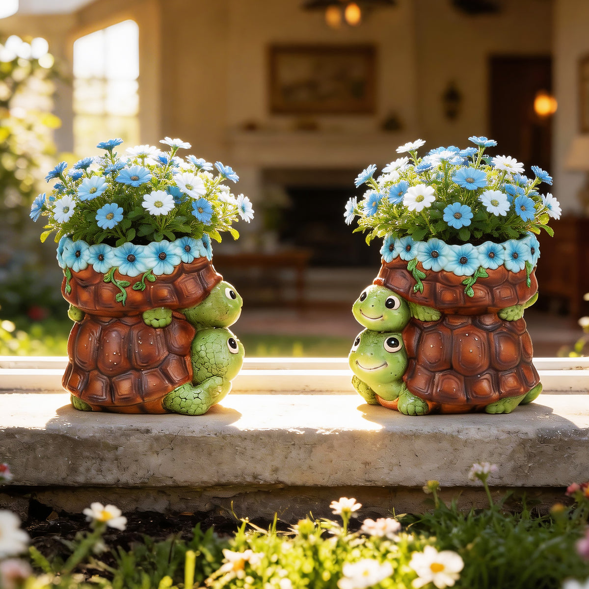 The Growing Ground 2 Pack Turtle Planter with Drainage Hole, Indoor Outdoor Cute Decorative Plant Pots, Desk, Garden, Gift for Plant Lovers,Brown