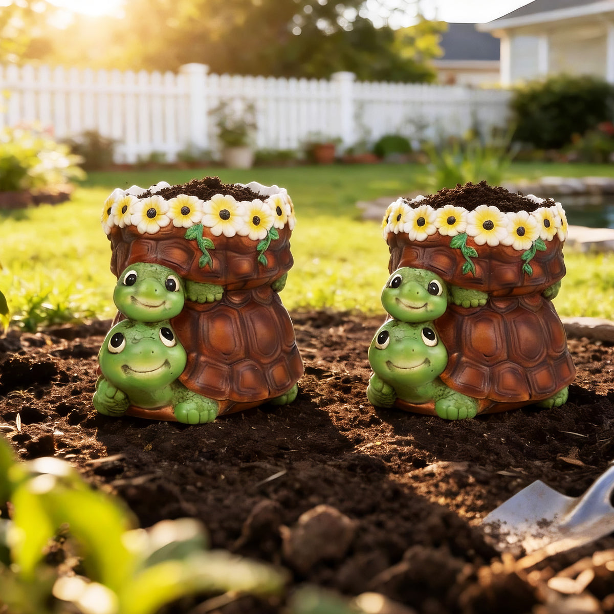 The Growing Ground 2 Pack Turtle Planter with Drainage Hole, Indoor Outdoor Cute Decorative Plant Pots, Desk, Garden, Gift for Plant Lovers,Brown