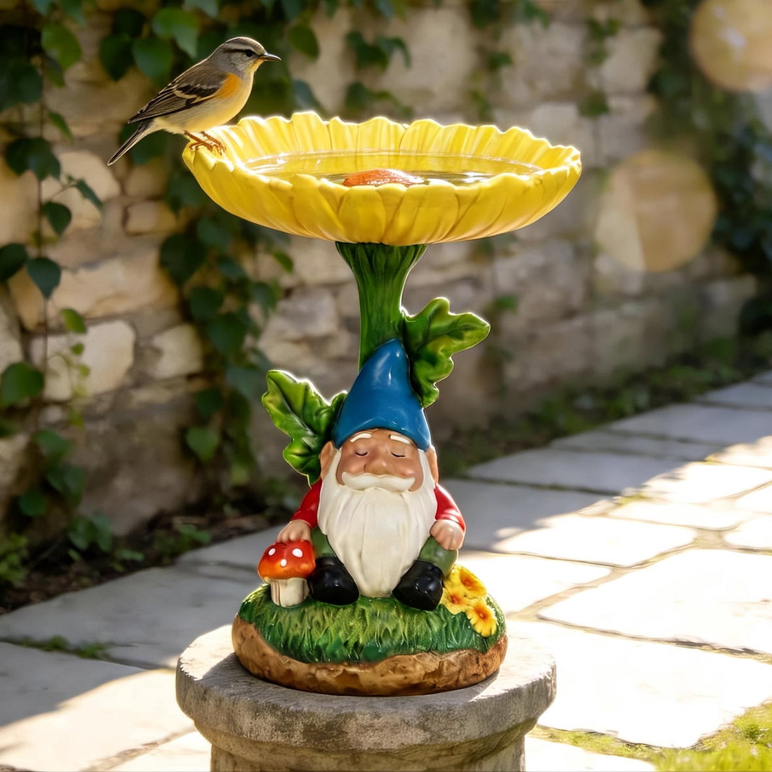 The Growing Ground Daisy Gnome Bird Feeder, Resin Garden Statue with Flower Bowl for Outdoor Patio Decor