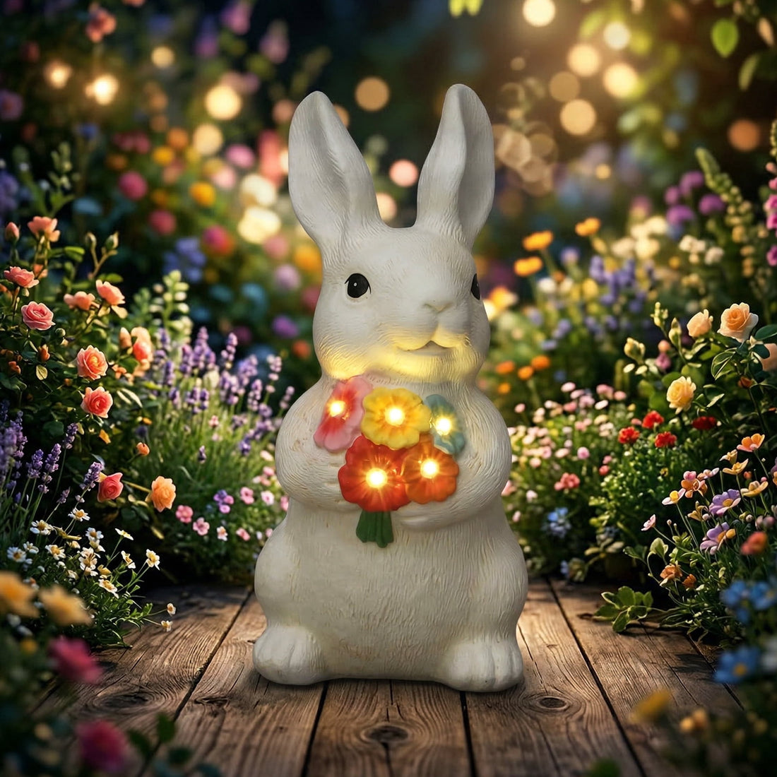 The Growing Ground Solar Bunny Garden Statue with LED Light, Outdoor Resin Rabbit Lawn Decor for Garden, Patio, Pathway, 10.4"H, Cream
